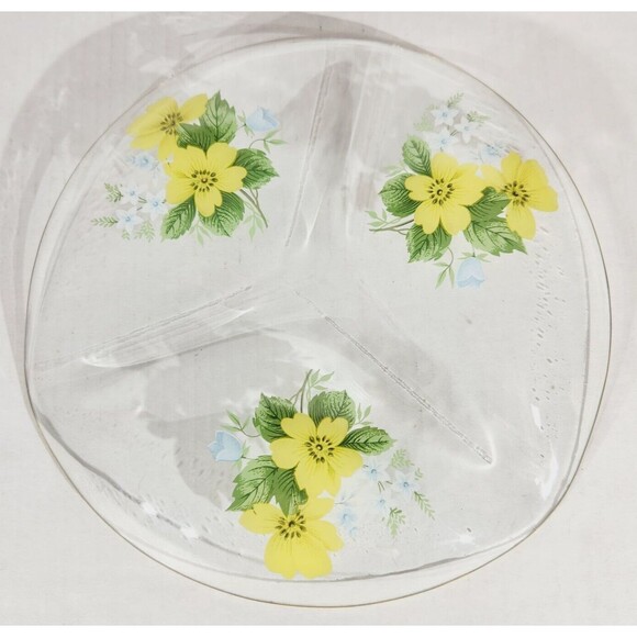 Chance Glass Floral Divided Plate Platter Decorative MCM Vtg Yellow Gold 9 1/2in - Picture 3 of 9